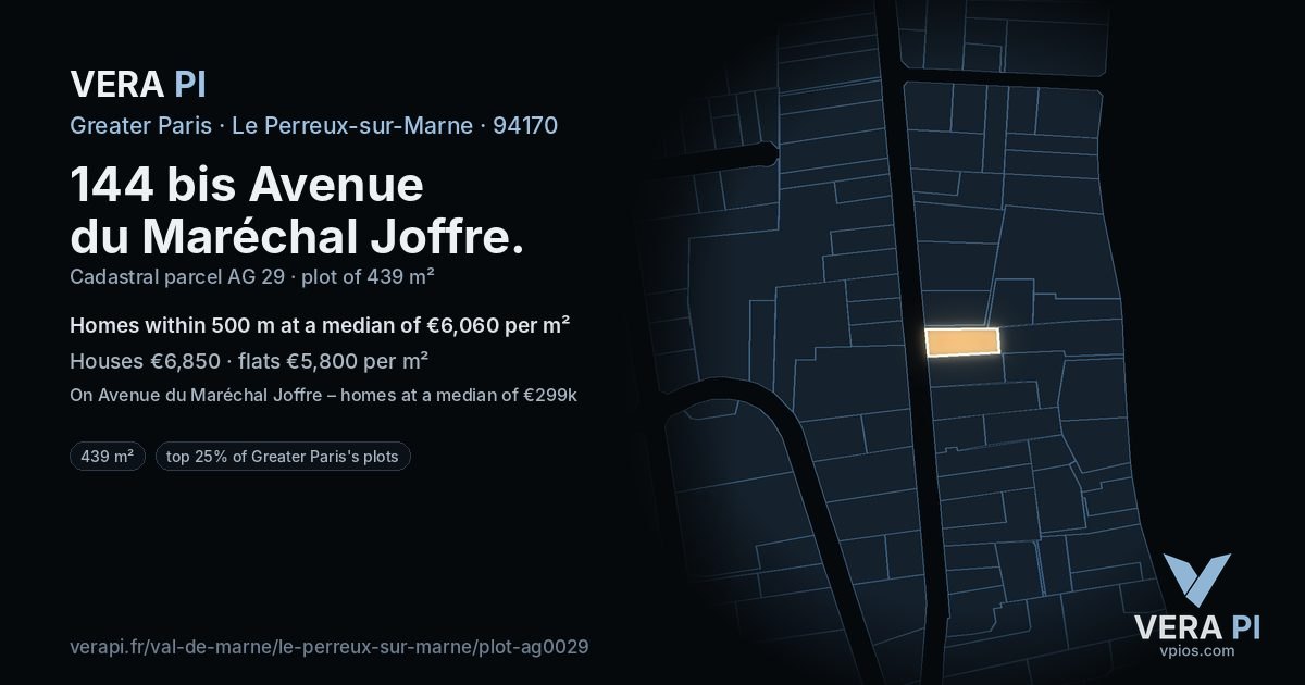 144 bis Avenue du Maréchal Joffre, Le Perreux-sur-Marne at night – the plot lit, the parcels around coloured by the prices near them