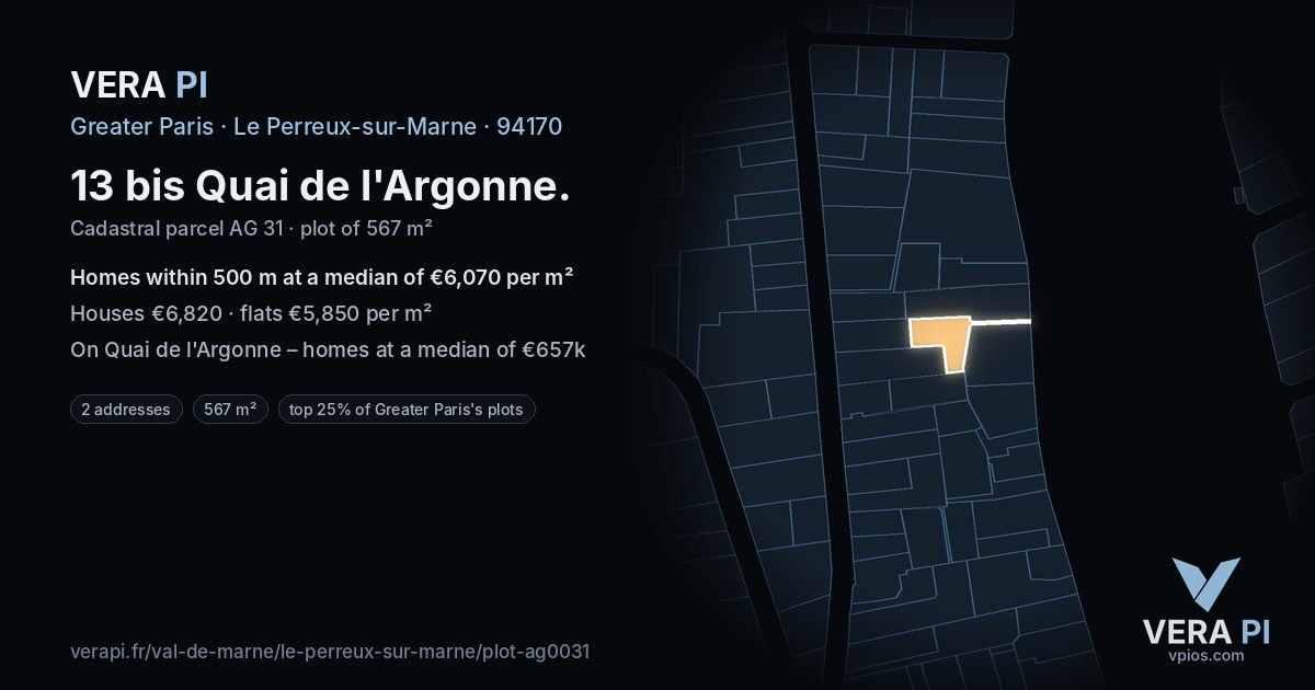 13 bis Quai de l'Argonne, Le Perreux-sur-Marne at night – the plot lit, the parcels around coloured by the prices near them