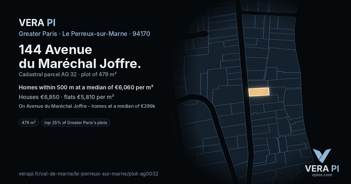 144 Avenue du Maréchal Joffre, Le Perreux-sur-Marne at night – the plot lit, the parcels around coloured by the prices near them