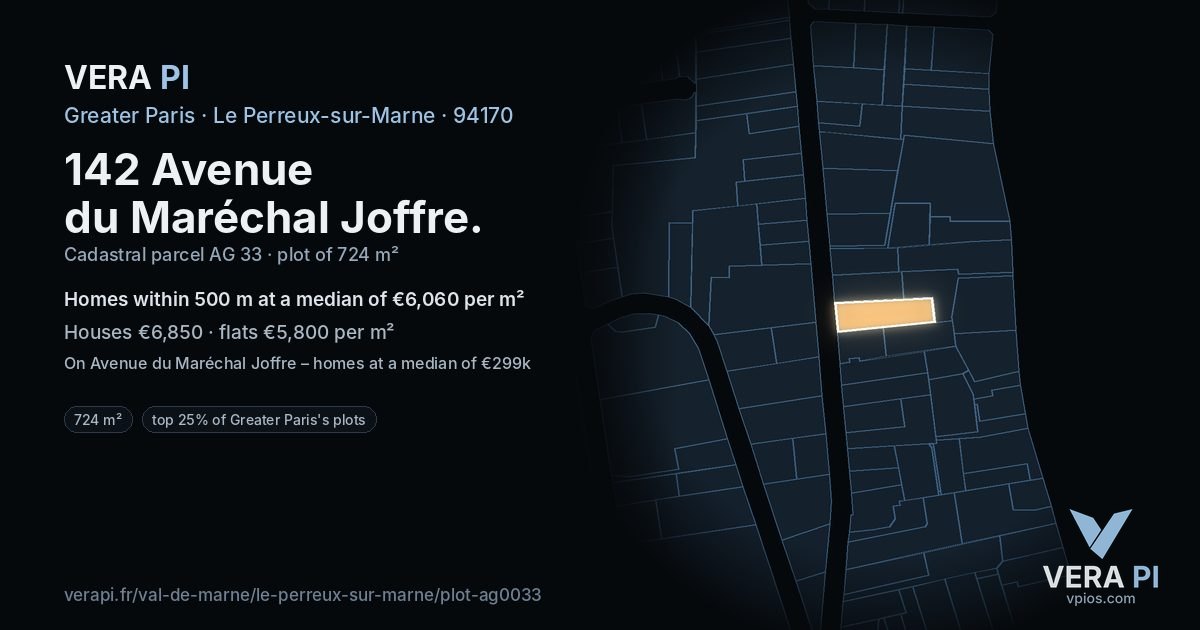 142 Avenue du Maréchal Joffre, Le Perreux-sur-Marne at night – the plot lit, the parcels around coloured by the prices near them