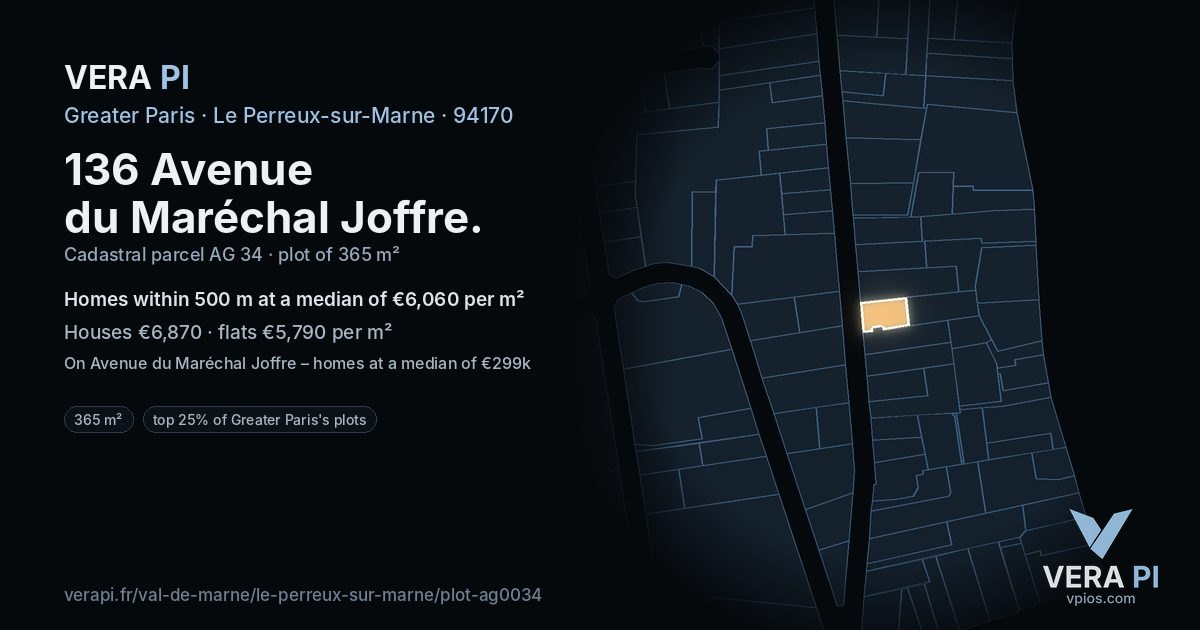 136 Avenue du Maréchal Joffre, Le Perreux-sur-Marne at night – the plot lit, the parcels around coloured by the prices near them
