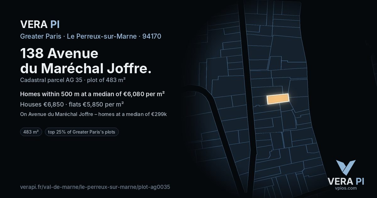 138 Avenue du Maréchal Joffre, Le Perreux-sur-Marne at night – the plot lit, the parcels around coloured by the prices near them