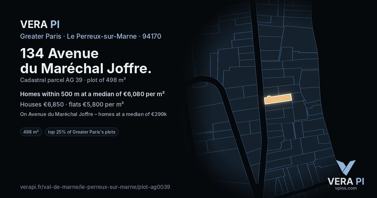 134 Avenue du Maréchal Joffre, Le Perreux-sur-Marne at night – the plot lit, the parcels around coloured by the prices near them