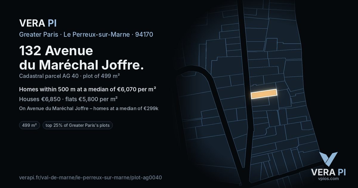132 Avenue du Maréchal Joffre, Le Perreux-sur-Marne at night – the plot lit, the parcels around coloured by the prices near them