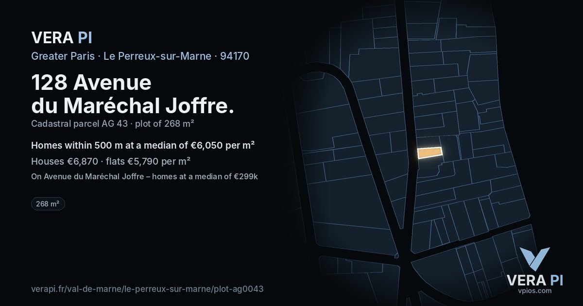 128 Avenue du Maréchal Joffre, Le Perreux-sur-Marne at night – the plot lit, the parcels around coloured by the prices near them