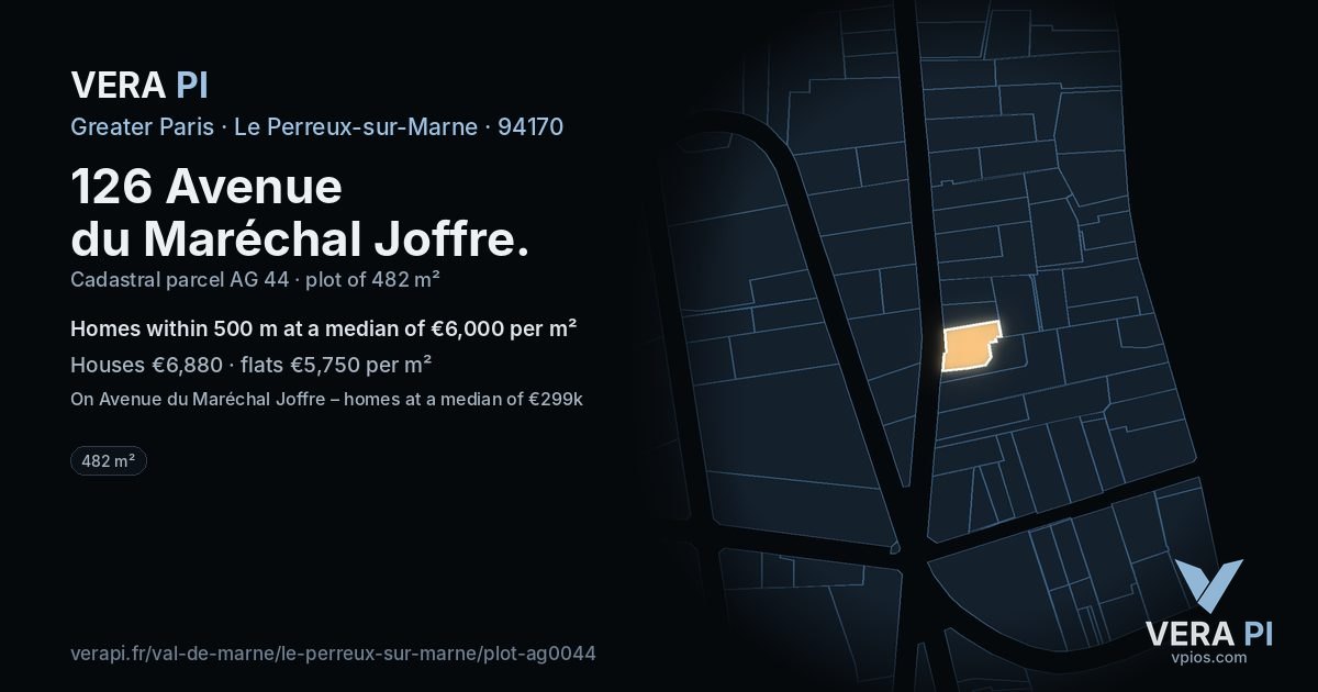 126 Avenue du Maréchal Joffre, Le Perreux-sur-Marne at night – the plot lit, the parcels around coloured by the prices near them
