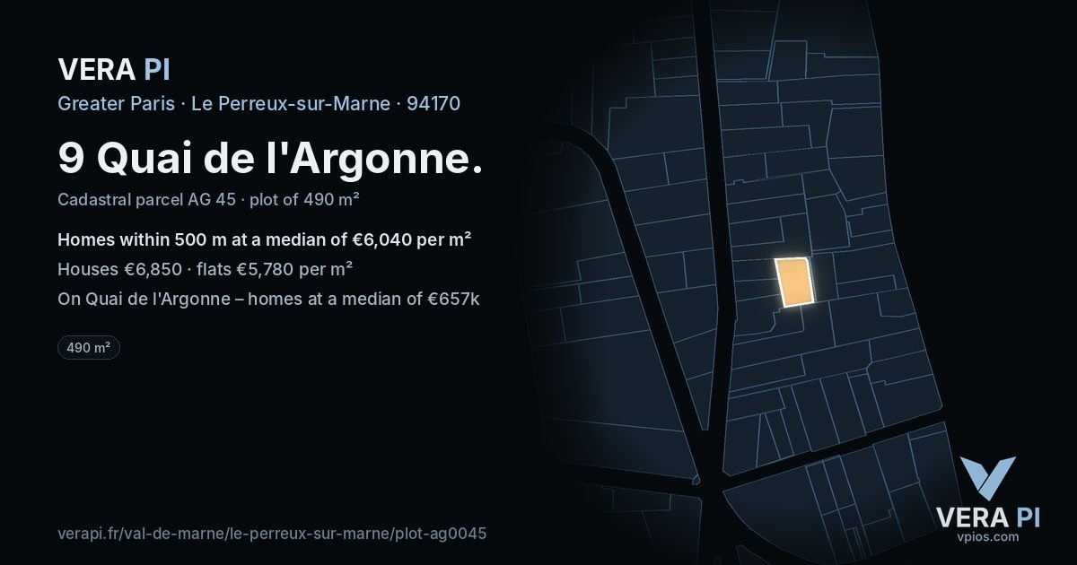 9 Quai de l'Argonne, Le Perreux-sur-Marne at night – the plot lit, the parcels around coloured by the prices near them