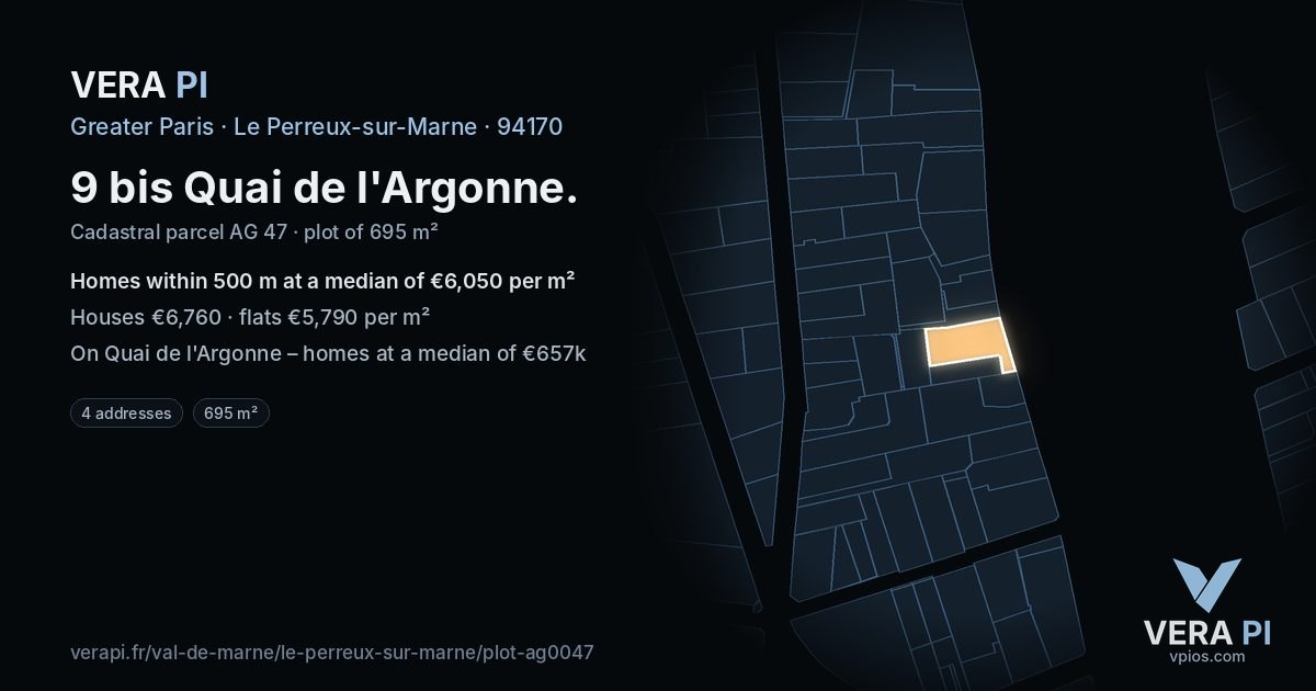9 bis Quai de l'Argonne, Le Perreux-sur-Marne at night – the plot lit, the parcels around coloured by the prices near them