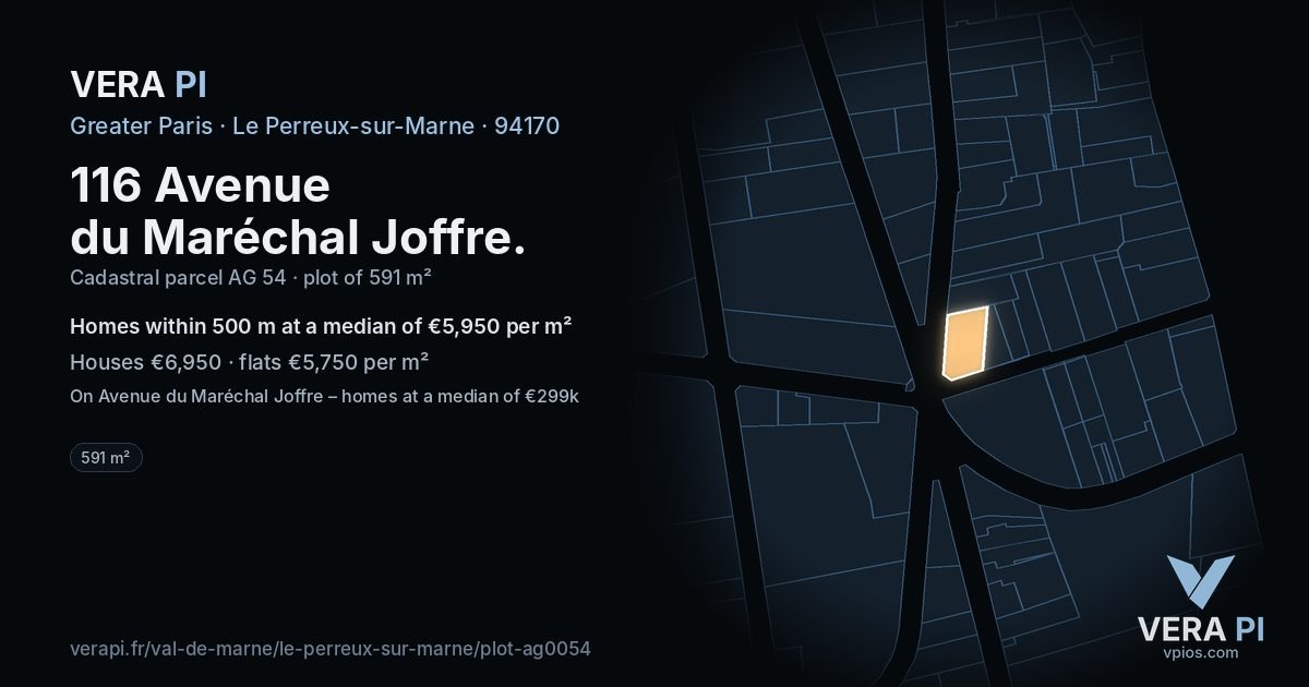 116 Avenue du Maréchal Joffre, Le Perreux-sur-Marne at night – the plot lit, the parcels around coloured by the prices near them