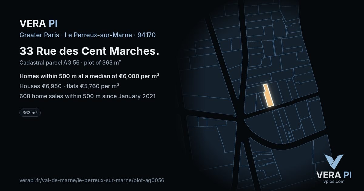 33 Rue des Cent Marches, Le Perreux-sur-Marne at night – the plot lit, the parcels around coloured by the prices near them