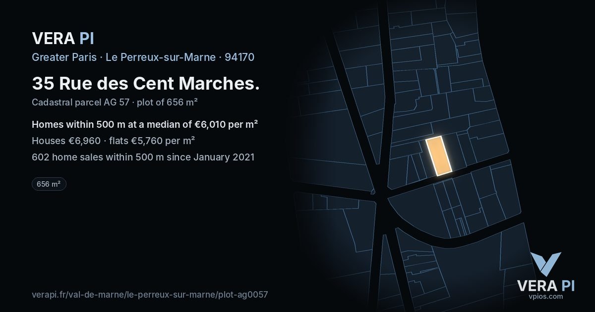 35 Rue des Cent Marches, Le Perreux-sur-Marne at night – the plot lit, the parcels around coloured by the prices near them