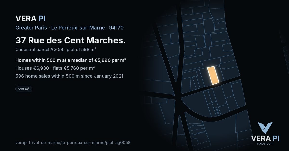 37 Rue des Cent Marches, Le Perreux-sur-Marne at night – the plot lit, the parcels around coloured by the prices near them