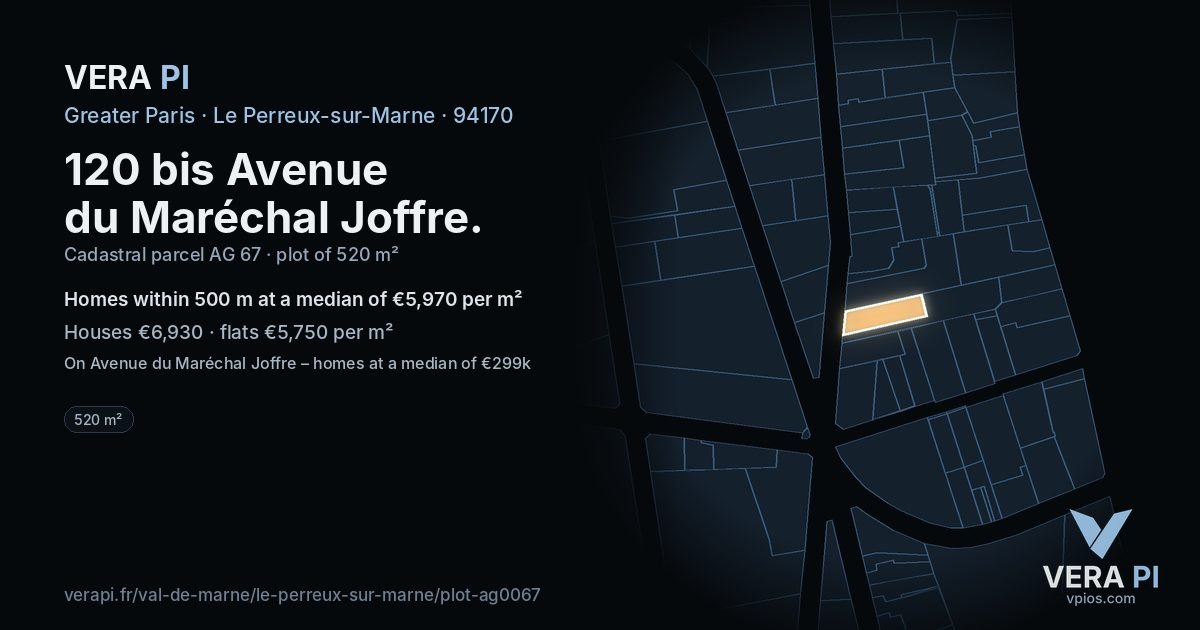 120 bis Avenue du Maréchal Joffre, Le Perreux-sur-Marne at night – the plot lit, the parcels around coloured by the prices near them