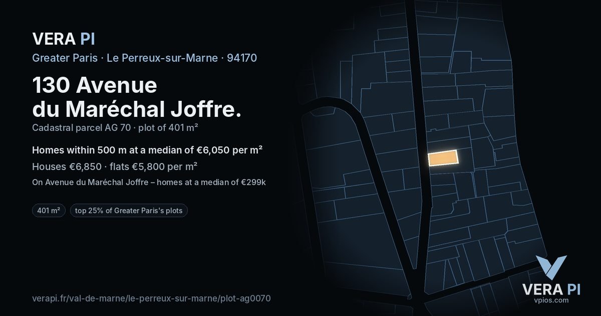 130 Avenue du Maréchal Joffre, Le Perreux-sur-Marne at night – the plot lit, the parcels around coloured by the prices near them