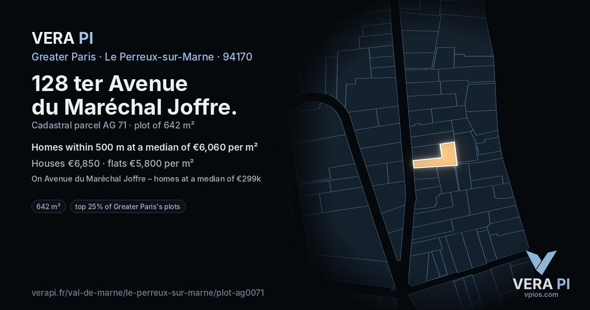 128 ter Avenue du Maréchal Joffre, Le Perreux-sur-Marne at night – the plot lit, the parcels around coloured by the prices near them