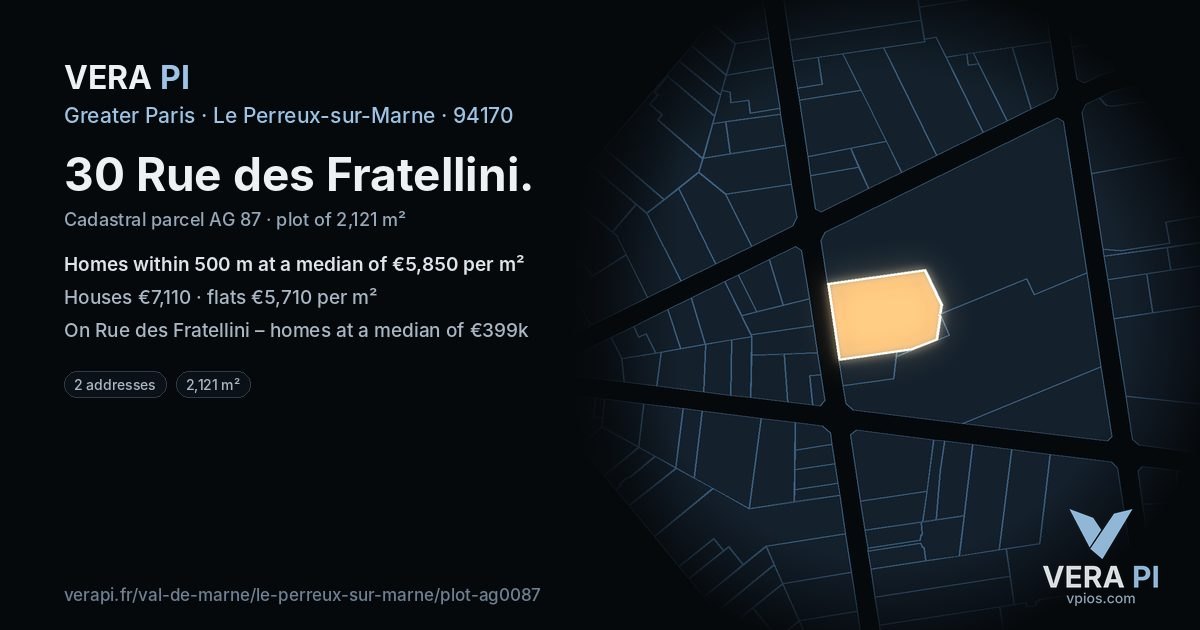 30 Rue des Fratellini, Le Perreux-sur-Marne at night – the plot lit, the parcels around coloured by the prices near them