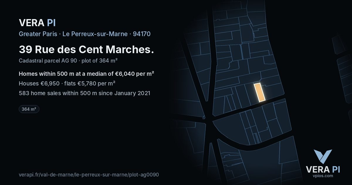 39 Rue des Cent Marches, Le Perreux-sur-Marne at night – the plot lit, the parcels around coloured by the prices near them