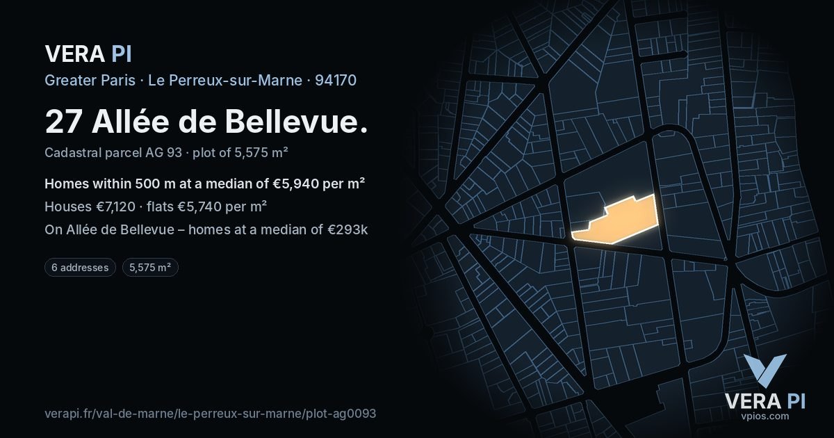 27 Allée de Bellevue, Le Perreux-sur-Marne at night – the plot lit, the parcels around coloured by the prices near them
