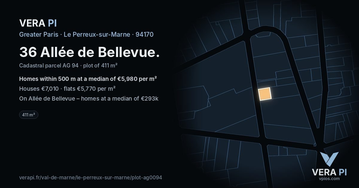 36 Allée de Bellevue, Le Perreux-sur-Marne at night – the plot lit, the parcels around coloured by the prices near them
