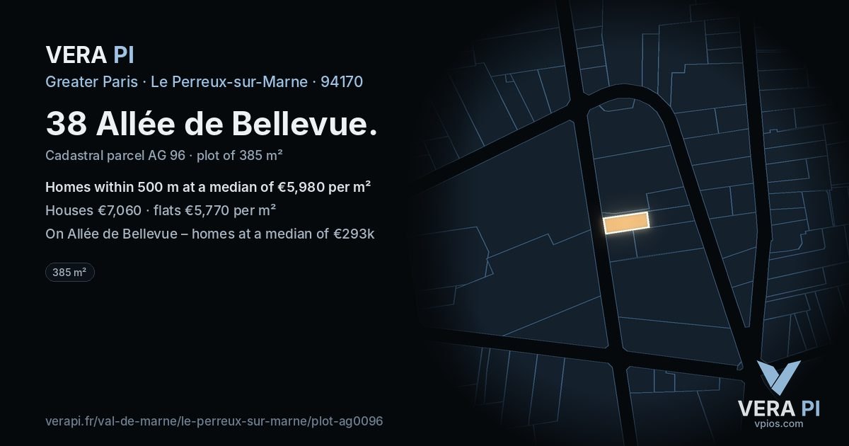 38 Allée de Bellevue, Le Perreux-sur-Marne at night – the plot lit, the parcels around coloured by the prices near them