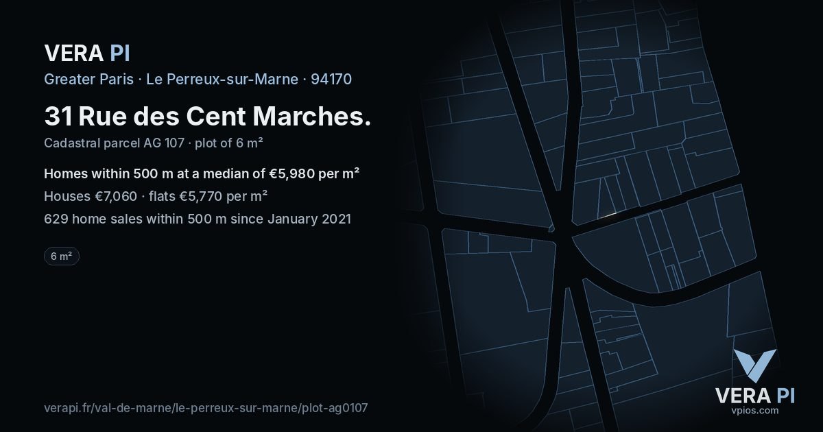 31 Rue des Cent Marches, Le Perreux-sur-Marne at night – the plot lit, the parcels around coloured by the prices near them