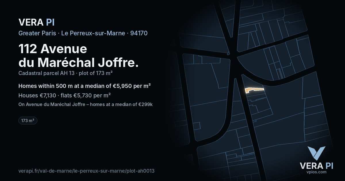 112 Avenue du Maréchal Joffre, Le Perreux-sur-Marne at night – the plot lit, the parcels around coloured by the prices near them