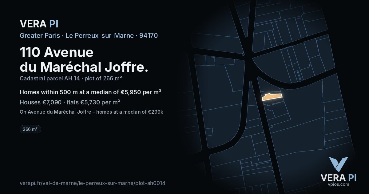 110 Avenue du Maréchal Joffre, Le Perreux-sur-Marne at night – the plot lit, the parcels around coloured by the prices near them