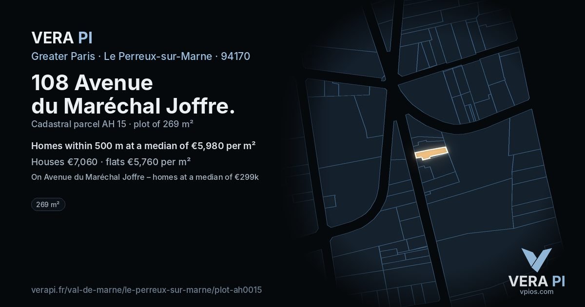 108 Avenue du Maréchal Joffre, Le Perreux-sur-Marne at night – the plot lit, the parcels around coloured by the prices near them