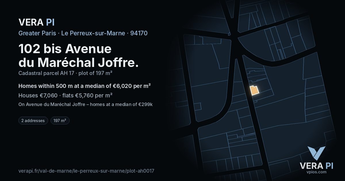 102 bis Avenue du Maréchal Joffre, Le Perreux-sur-Marne at night – the plot lit, the parcels around coloured by the prices near them