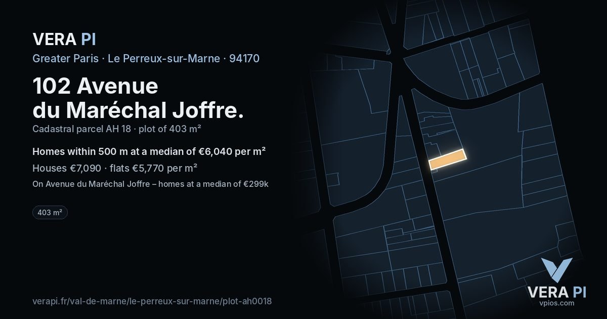 102 Avenue du Maréchal Joffre, Le Perreux-sur-Marne at night – the plot lit, the parcels around coloured by the prices near them