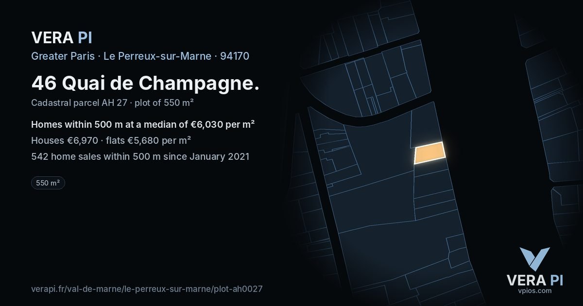 46 Quai de Champagne, Le Perreux-sur-Marne at night – the plot lit, the parcels around coloured by the prices near them