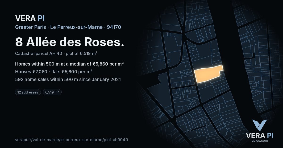 8 Allée des Roses, Le Perreux-sur-Marne at night – the plot lit, the parcels around coloured by the prices near them