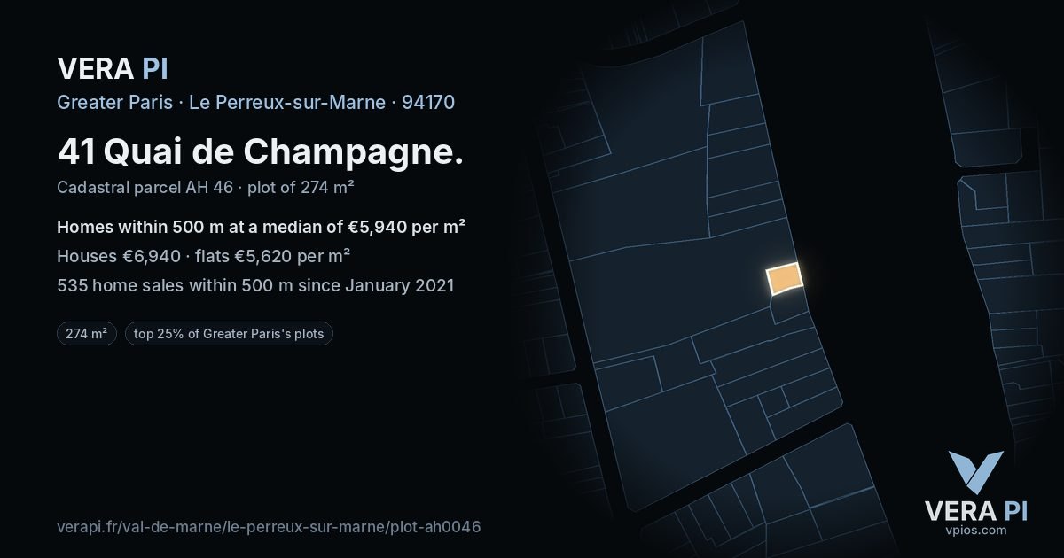 41 Quai de Champagne, Le Perreux-sur-Marne at night – the plot lit, the parcels around coloured by the prices near them
