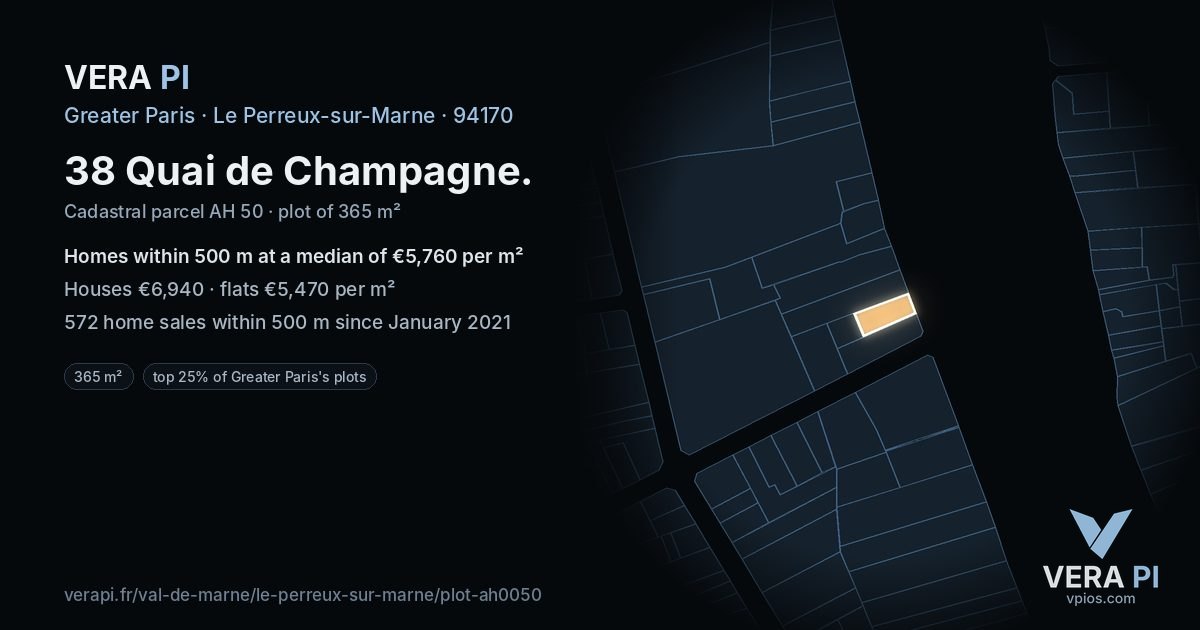 38 Quai de Champagne, Le Perreux-sur-Marne at night – the plot lit, the parcels around coloured by the prices near them