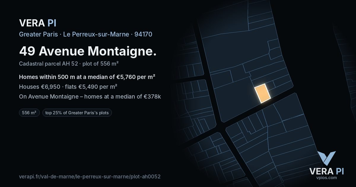 49 Avenue Montaigne, Le Perreux-sur-Marne at night – the plot lit, the parcels around coloured by the prices near them