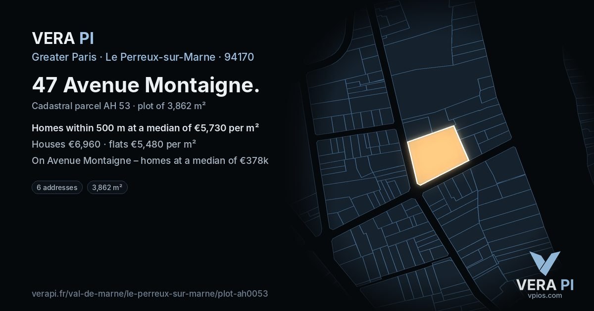47 Avenue Montaigne, Le Perreux-sur-Marne at night – the plot lit, the parcels around coloured by the prices near them