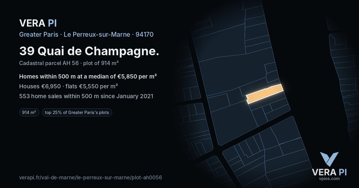 39 Quai de Champagne, Le Perreux-sur-Marne at night – the plot lit, the parcels around coloured by the prices near them