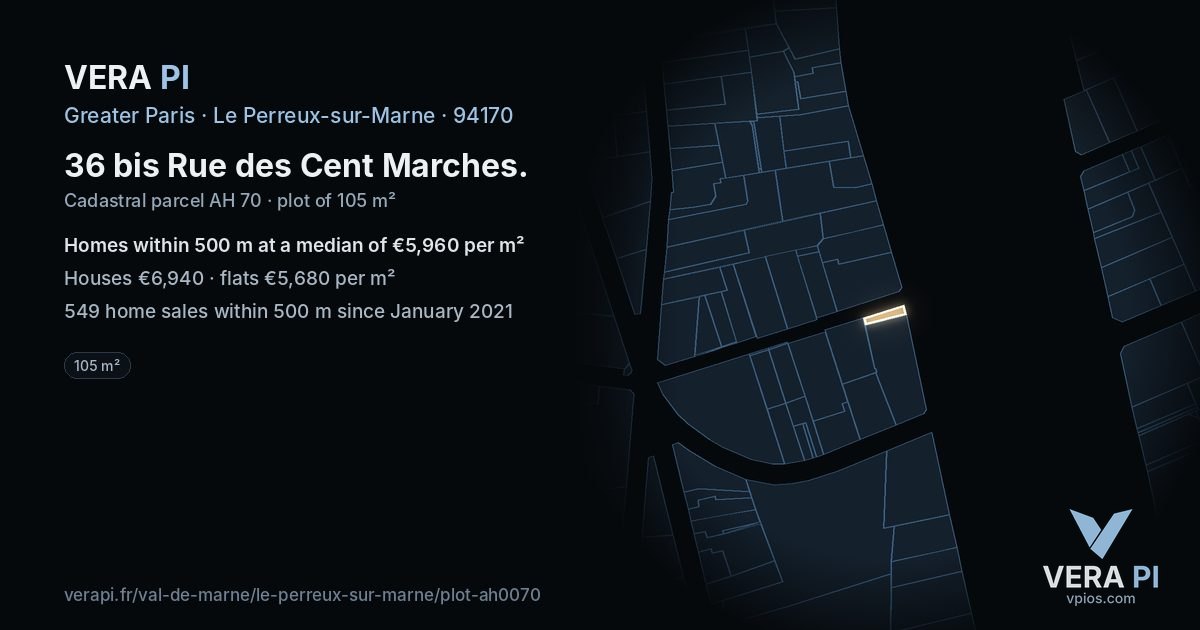 36 bis Rue des Cent Marches, Le Perreux-sur-Marne at night – the plot lit, the parcels around coloured by the prices near them