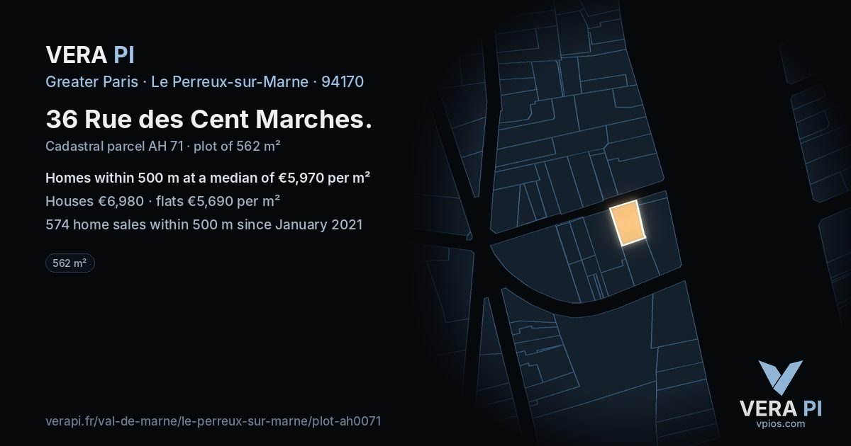 36 Rue des Cent Marches, Le Perreux-sur-Marne at night – the plot lit, the parcels around coloured by the prices near them