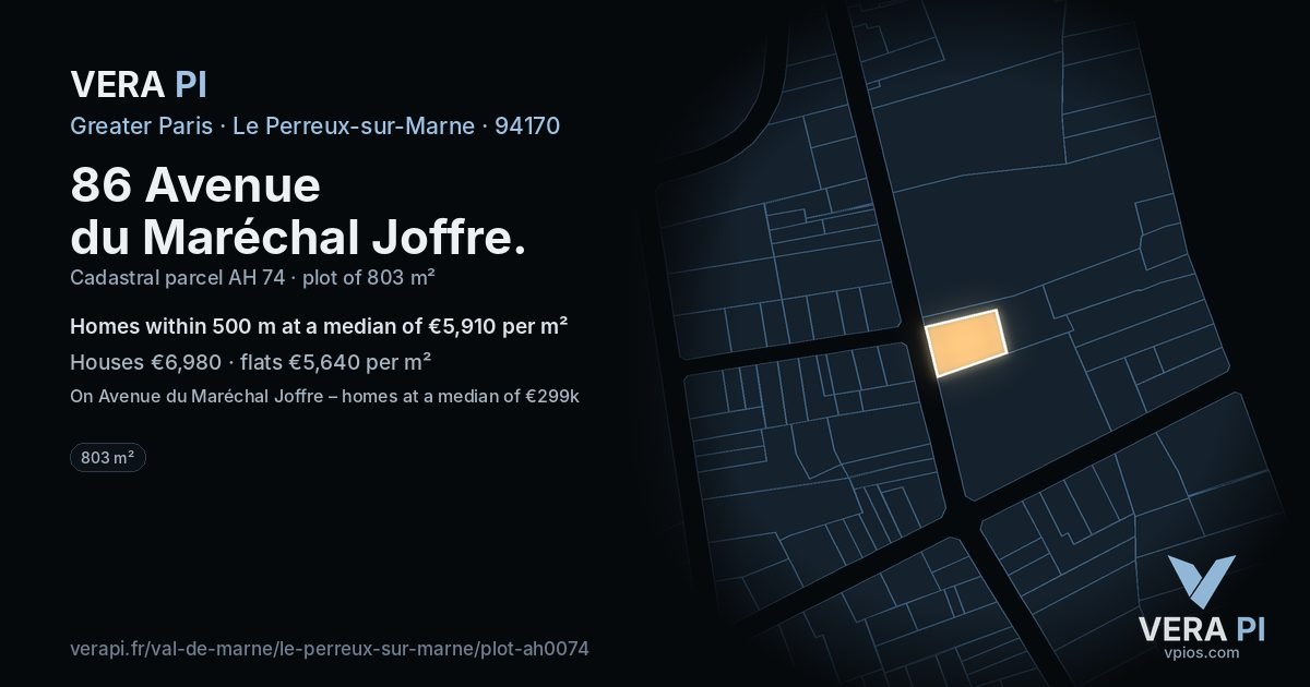 86 Avenue du Maréchal Joffre, Le Perreux-sur-Marne at night – the plot lit, the parcels around coloured by the prices near them