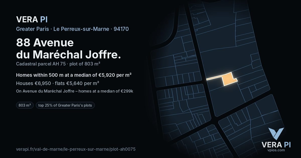 88 Avenue du Maréchal Joffre, Le Perreux-sur-Marne at night – the plot lit, the parcels around coloured by the prices near them