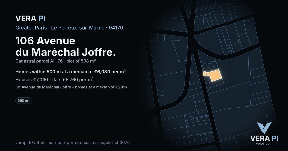106 Avenue du Maréchal Joffre, Le Perreux-sur-Marne at night – the plot lit, the parcels around coloured by the prices near them