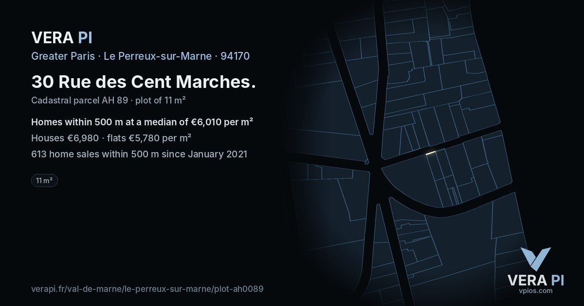 30 Rue des Cent Marches, Le Perreux-sur-Marne at night – the plot lit, the parcels around coloured by the prices near them