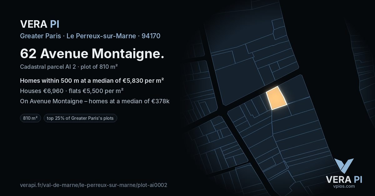 62 Avenue Montaigne, Le Perreux-sur-Marne at night – the plot lit, the parcels around coloured by the prices near them
