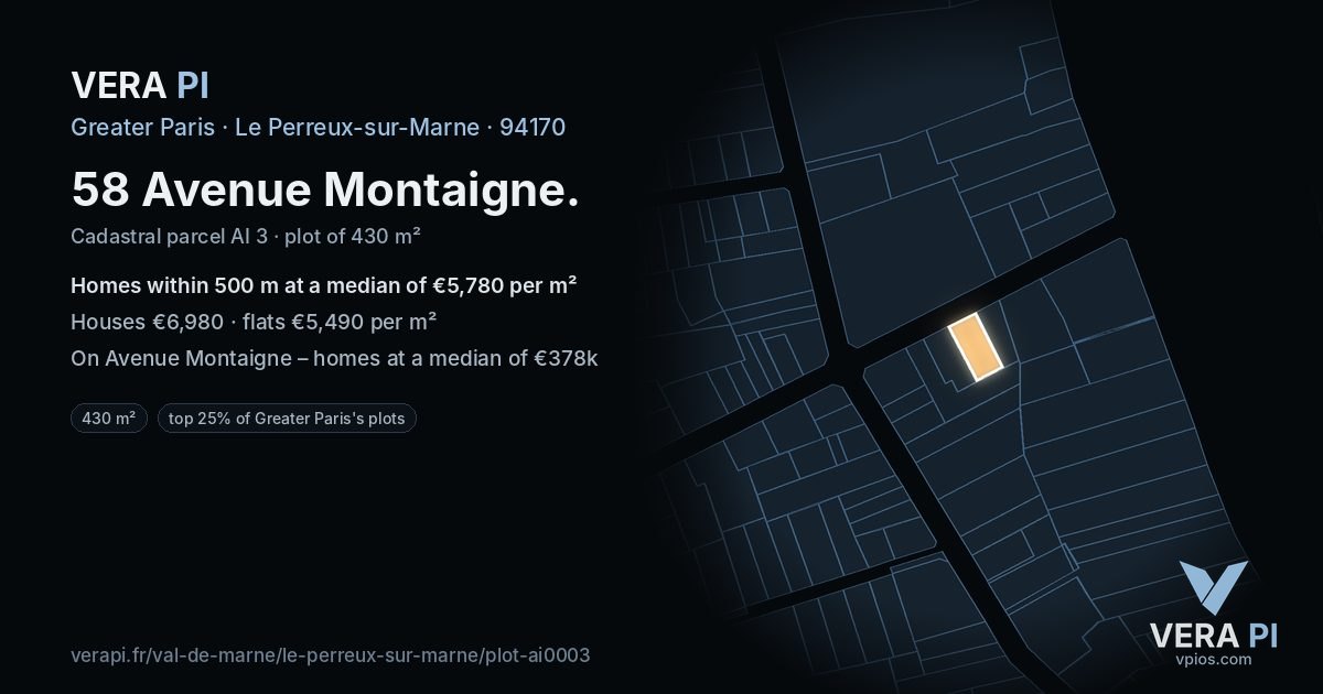 58 Avenue Montaigne, Le Perreux-sur-Marne at night – the plot lit, the parcels around coloured by the prices near them