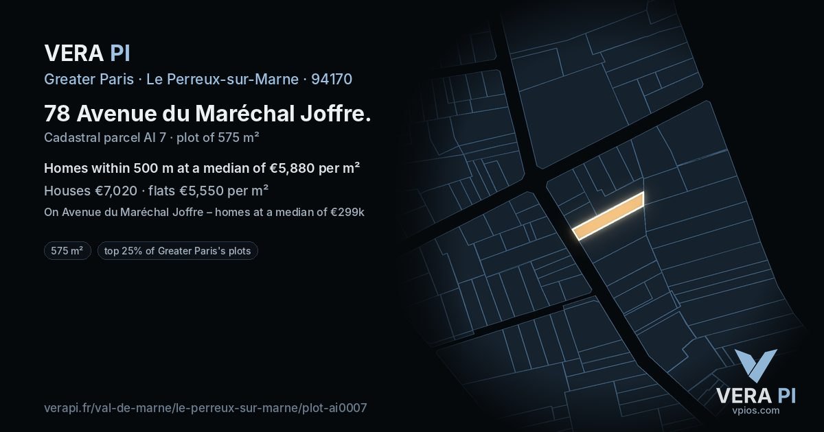 78 Avenue du Maréchal Joffre, Le Perreux-sur-Marne at night – the plot lit, the parcels around coloured by the prices near them