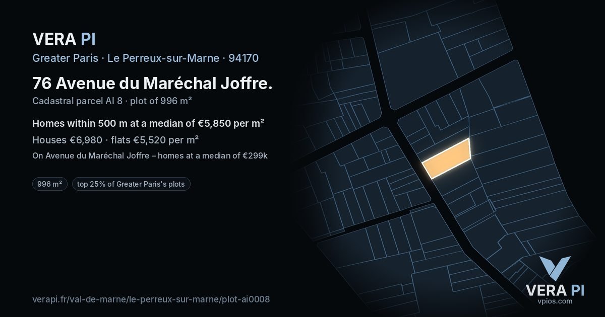 76 Avenue du Maréchal Joffre, Le Perreux-sur-Marne at night – the plot lit, the parcels around coloured by the prices near them
