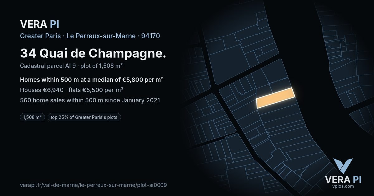 34 Quai de Champagne, Le Perreux-sur-Marne at night – the plot lit, the parcels around coloured by the prices near them