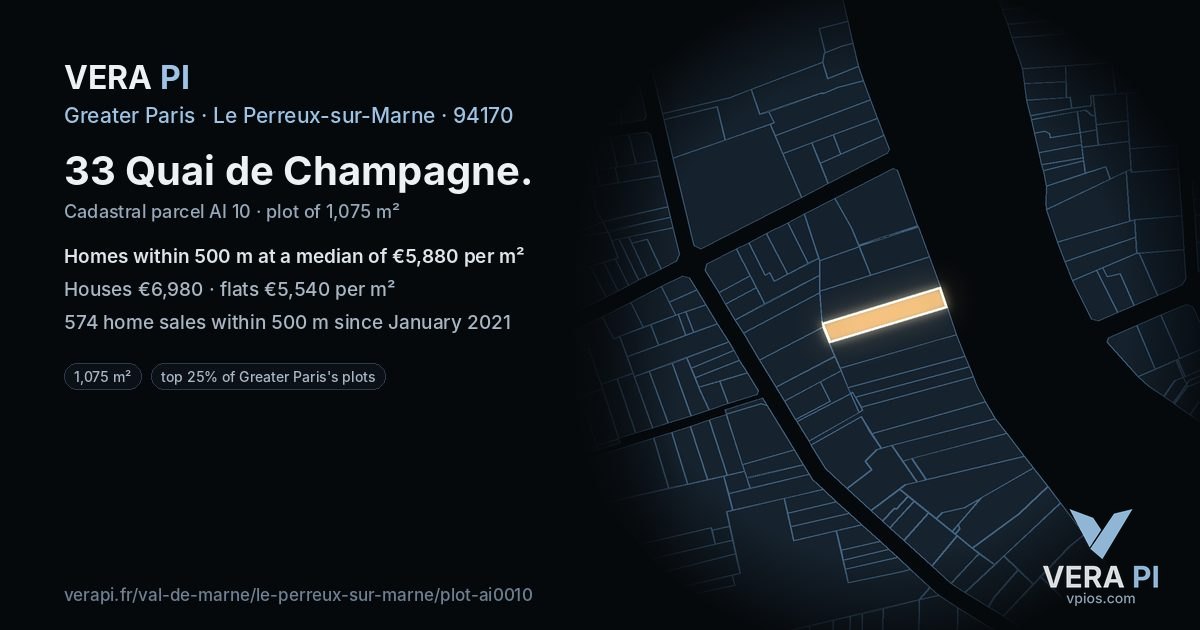 33 Quai de Champagne, Le Perreux-sur-Marne at night – the plot lit, the parcels around coloured by the prices near them