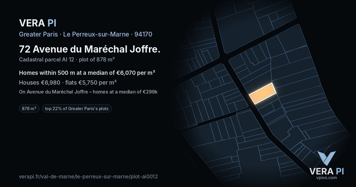 72 Avenue du Maréchal Joffre, Le Perreux-sur-Marne at night – the plot lit, the parcels around coloured by the prices near them